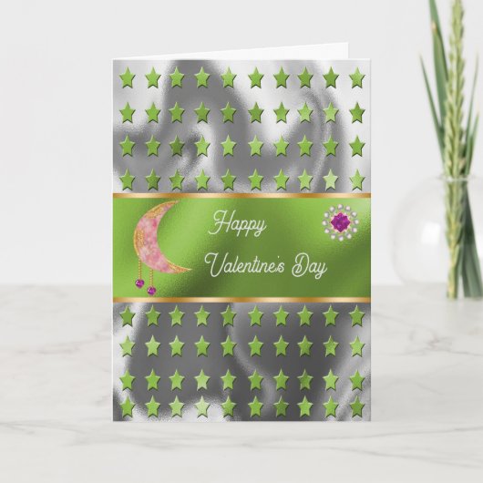 ハッピー バレンタイン ピンク ムーン ジュエル & スターズ カード (正面)