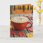 ハッピー バースデー と 紅葉 の コーヒー カップ カード (黄色い花)