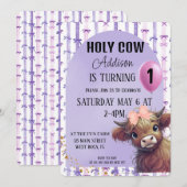 ハッピー バースデー わたしは 1 歳！水彩 紫のリボン 招待状 (正面/裏面)