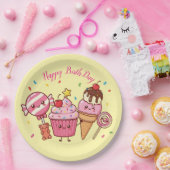 ハッピー・バースデー アイスクリーム & スイーツ – かわいいキャラクター デザイン ペーパープレート (パーティー)