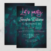 ハッピー バースデー ホット ピンク ネオン スクリプト フォリア 招待状 (正面/裏面)