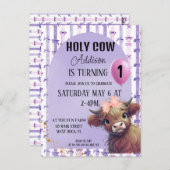 ハッピー バースデー ワン 水彩 パープル リボン 招待状 (正面/裏面)