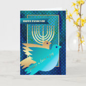 ハッピー・パスソーバー。ピースハトと(ユダヤ教)メノラー カード (黄色い花)