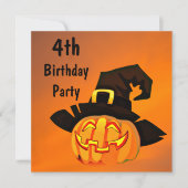 ハッピー·パンプキン·イン·ウィッチズハット4歳の誕生日 招待状 (正面)