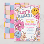 ハッピー フェイス スマイル グルービー チェック柄 誕生日パーティー 招待状 (正面/裏面)