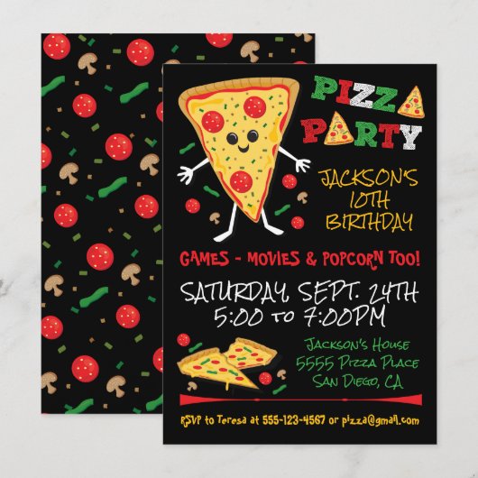 ハッピー フェイス ピザ バースデー パーティー 招待状 (正面/裏面)