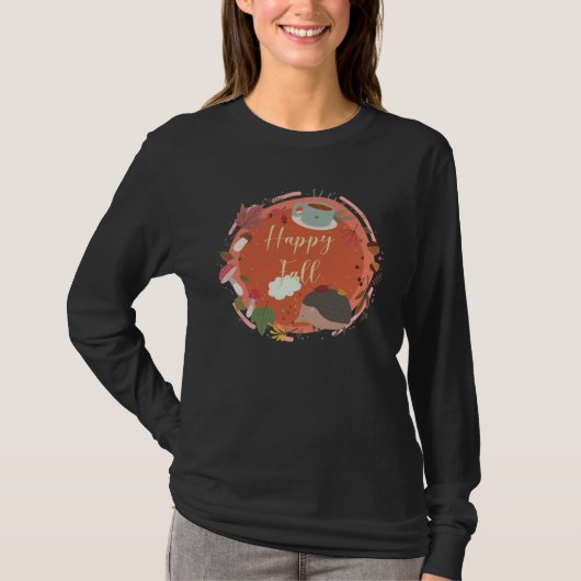 ハッピー・フォール・コージー・ハリネズミの秋のイラスト Tシャツ (正面)
