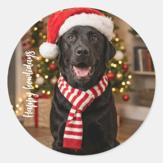 ハッピー・ブラック・ラブラドールのハウリデー クリスマス・ドッグ ラウンドシール