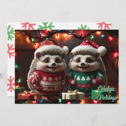 ハッピー・ヘッジー・ホリデー　サンタ帽とクリスマス・スウェーターのハリネズミ シーズンカード (正面/裏面)