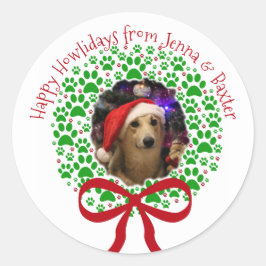 ハッピー ホリデイズ ポー プリント クリスマス リース フォト ラウンドシール