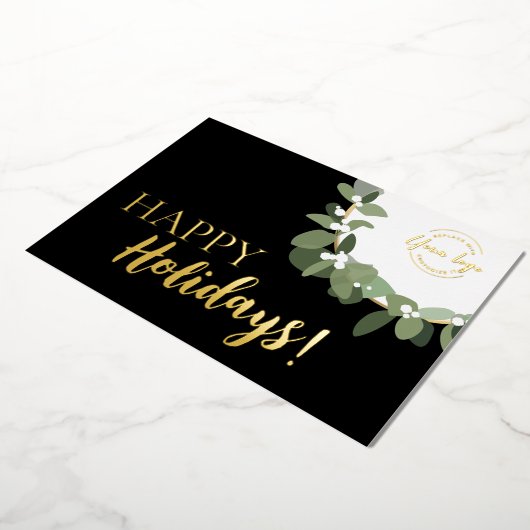 ハッピー・ホリデイズ　リーフ・メタリックのリースの会社ロゴ 箔シーズンカード (回転した状態)