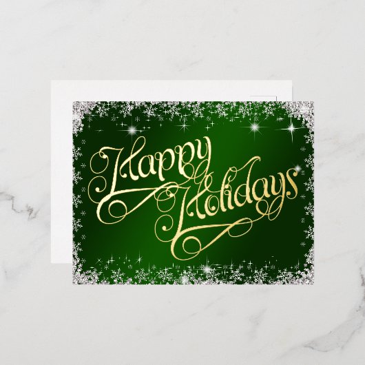 ハッピー ホリデーズ エメラルド グリーン タイポグラフィ ダイヤモンド 箔シーズンポストカード (正面/裏面)