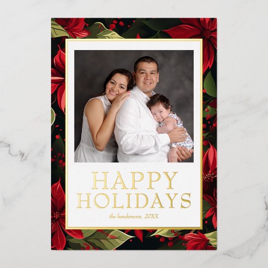 ハッピー ホリデーズ フォト ポインセチア ゴールド フォイル 箔シーズンカード (正面)