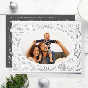 ハッピー・ホリデー クリスマス 写真 森のイラスト 箔シーズンポストカード