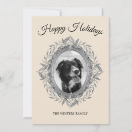 ハッピー ホリデー シルバー グレー リーフ wreath フォト シーズンカード