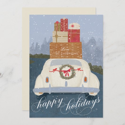 ハッピー ホリデー ヴィンテージ カー ギフト ホリデー カード (正面/裏面)