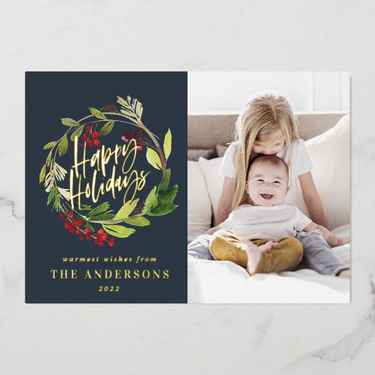 ハッピー ホリデー 水彩 花の写真 ネイビーブルー (正面)