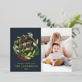 ハッピー ホリデー 水彩 花の写真 ネイビーブルー (立ち正面)