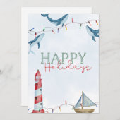 ハッピー ホリデー - 海洋 クジラ & ライトハウス シーズンカード (正面/裏面)