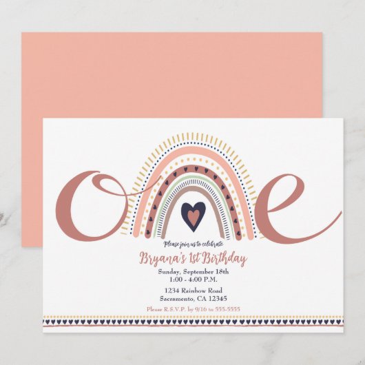 ハッピー ボーホー レインボー モダン 1歳 誕生日パーティー 招待状 (正面/裏面)