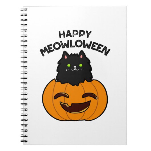 ハッピー・ミャウウィーン かわいいハロウィンの猫の駒 ノートブック (正面)