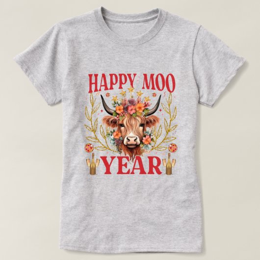 ハッピー ムー イヤー |ハイランド・カウ| ニューイヤー Tシャツ (デザイン正面)