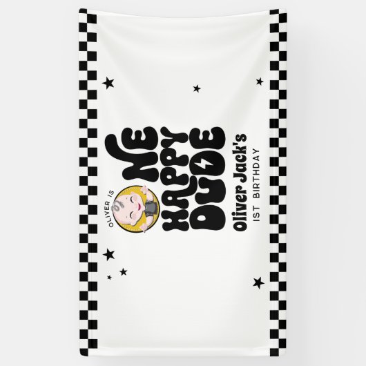 ハッピー・ワン・デュードの1歳の誕生日 横断幕 (縦)