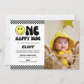 ハッピー・ワン・デュード・ボーイの1歳の誕生日写真 招待状 (正面)