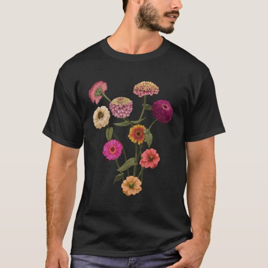 ハッピー《植物》百日草ワイルドフラワーハンド色彩の鮮やかスタイル Tシャツ (正面)