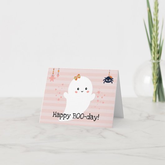 ハッピー　ＢＯＯデー　かわいい　ゴースト　ピンク　ハロウィン カード (正面)