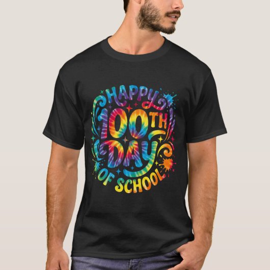 ハッピー 100日目 学校 タイ・ダイ 100日経って賢くなった Tシャツ (正面)