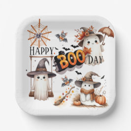 ハッピー BOO デイ かわいいウォーターカラーゴースト 秋 ペーパープレート