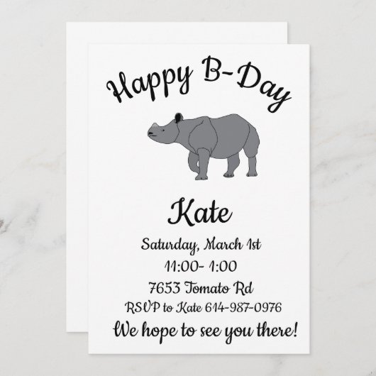 ハッピーBデイインディアンライノセロスアフリカ動物 招待状 (正面/裏面)