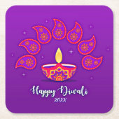 ハッピーDiwali年を追加20xx紫イエローレッドスクア スクエアペーパーコースター (正面)