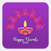 ハッピーDiwali年を追加20xx紫イエローレッド スクエアシール (正面)