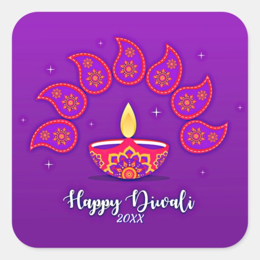 ハッピーDiwali年を追加20xx紫イエローレッド スクエアシール (正面)