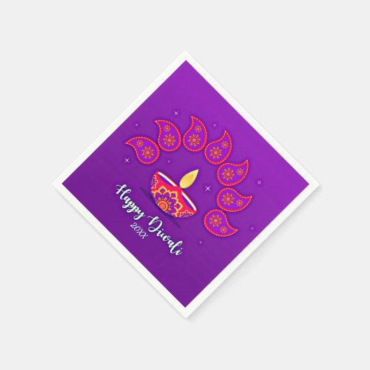 ハッピーDiwali年を追加20xx紫イエローレッド スタンダードカクテルナプキン (角)