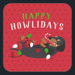 ハッピーHOWLidays Cute Dachshand Christmas スクエアシール<br><div class="desc">Happy HOWLidays Holiday / Christmas Sticker.可愛いダックスシュントが口にキャンディーケーンを入れたクリスマスライトの列に絡み合った。おもしろい、ユーモアのある休日のシール愛犬家に最適。</div>