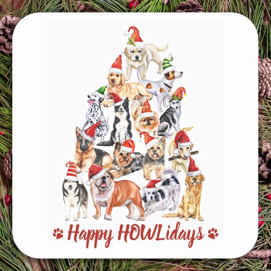 ハッピーHOWLidays Dog Lover Christmas Tree Dogs スクエアシール