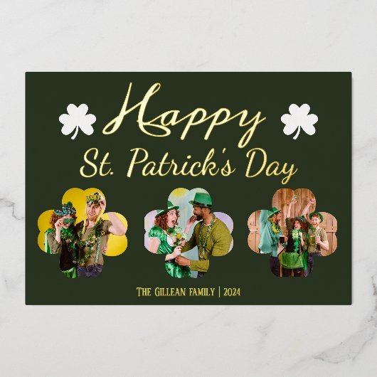 ハッピーSt patricks dayシャムロックス家族の写真フォイル 箔シーズンカード (正面)