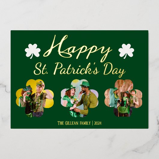 ハッピーSt patricks dayシャムロックス家族の写真フォイル 箔シーズンカード (正面)