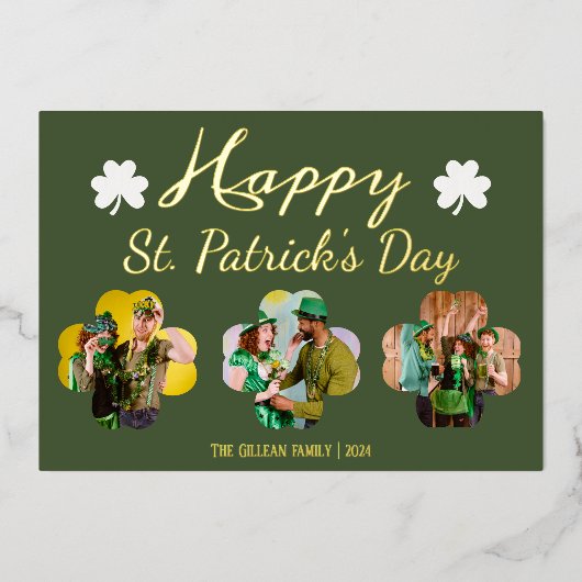 ハッピーSt patricks dayシャムロックス家族の写真フォイル 箔シーズンカード (正面)
