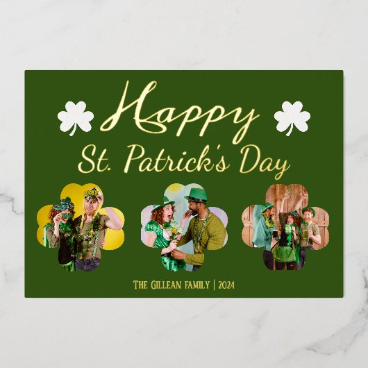 ハッピーSt patricks dayシャムロックス家族の写真フォイル 箔シーズンカード (正面)