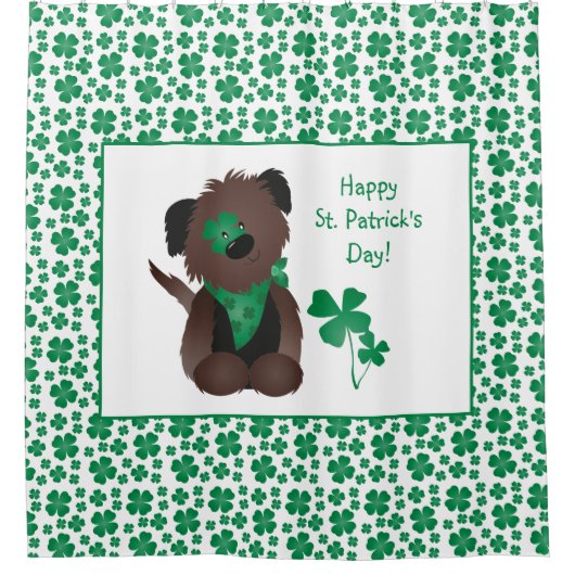 ハッピーSt patricks dayドッグフォーリーフクローバーグリーン シャワーカーテン (正面)