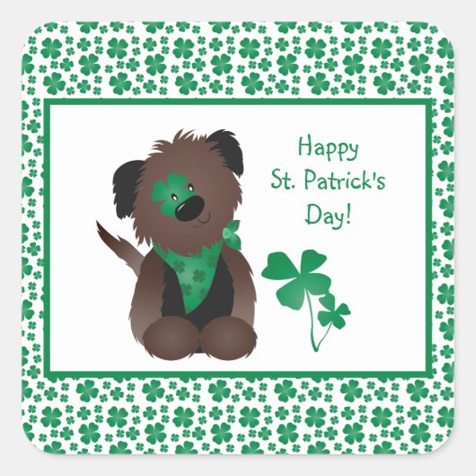 ハッピーSt patricks dayドッグフォーリーフクローバーグリーン スクエアシール (正面)