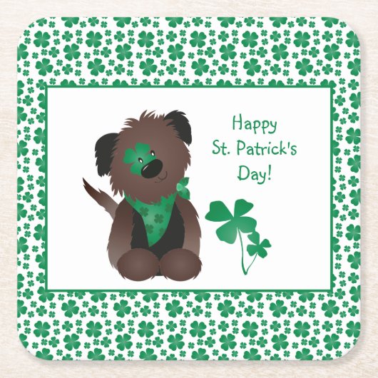ハッピーSt patricks dayドッグフォーリーフクローバーグリーン スクエアペーパーコースター (正面)