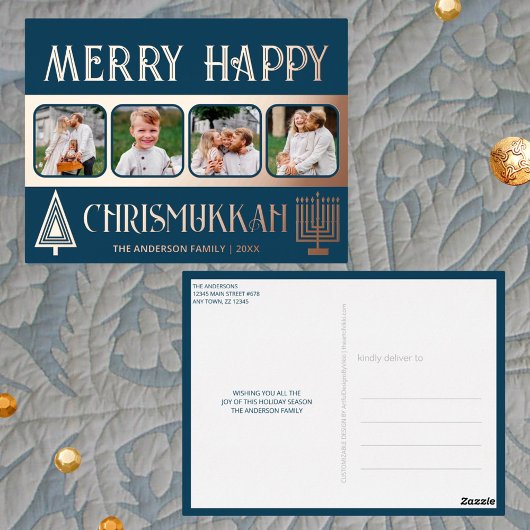 ハッメリープクリスムカ4フォトブルーとバラ金ゴールド 箔シーズンポストカード