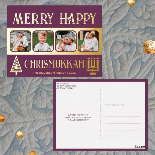 ハッメリープクリスムカ4枚フォトプラムパープル金ゴールド 箔シーズンポストカード