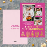 ハッメリープクリスムカChic 3フォトピンク金ゴールド 箔シーズンカード<br><div class="desc">写真パーソナライズされたのグリーティングカードが実在金ゴールドフォイルで印刷され、あなたの休日の郵送に豪華なtouchを追加。簡単にカスタマイズは、ベリーピンクの背景に薄い金ゴールドと少し重なって表示されるあなたの3つの写真を追加無地のするだけ。一番上の年と名前、そして大きな写真の下の短い挨拶を編集し、両方のパステルピンクで、フロントのパーソナライズを完了する。下メリーのクリスマスの木とハヌカのメノラの列と同様にシンプル、下の金ゴールドホイルにモダンフォントのHAPPY CHRISTUKAHが印刷されお洒落ている。各カスタムの休日のグリーティングカードはパステル無地のピンクの部屋に反転し、友人や家族に対する休暇メッセージをパーソナライズする。信仰の異なる家族やカップルを念頭に置いて設計さエレガントれメリー、これらのHAPPY CHRISTUKKAHフラットカードはダークピンクと金ゴールドフォイルは標準的な休日のグリーティングオプションに代わるおもしろいであり、確実にスマイルを持って来る。</div>
