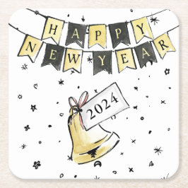 ハッモダンエレガントク新年ブラック金ゴールドパーティー スクエアペーパーコースター